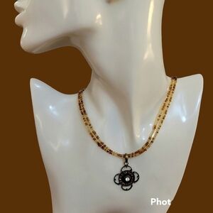 3/$30 LIA SOPHIA Amber Glass Seed Beaded Antique Brass Flower Pendant Necklace